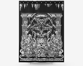 Skull Skeleton Demon Satanic Pentagram Drip Shrine Textured Fabric Shower Curtain-Skull Satanic Home Decor-