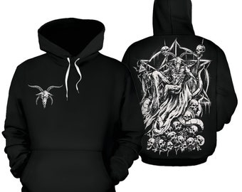 Skull Satanic Goat Impaled Skull Throne Hoodie Be Advised These Hoodies Are A Polyester blend Material Different Than A Normal Hoodie-