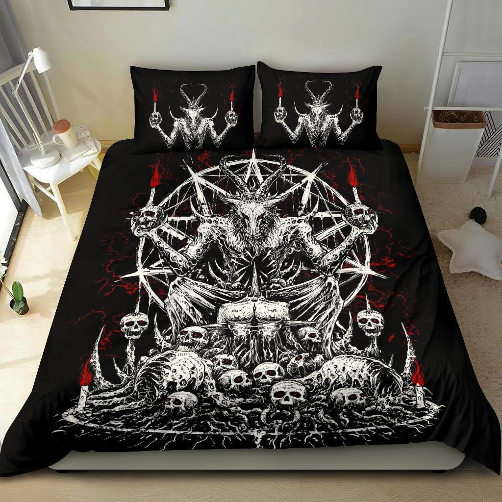 Discover Skull Skeleton Satanic Goat Eternal Impaled Torment Skull Candle Trophy 3 Piece Duvet Set Black And White Red-Satanic Skull Bedding-