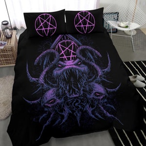 Skull Demon Serpent Satanic Pentagram 3 Piece Duvet Set Night Blue Pink Tint-Satanic Shrine Duvet-Satanic Bedding-Satanic Baphomet Duvet-