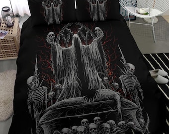 Skull Hooded Demon Impaled Coffin Shrine 3 Piece Duvet Set Silver Red-Skull Goth Bedding-Skull Bedding-Skull Bed Cover-