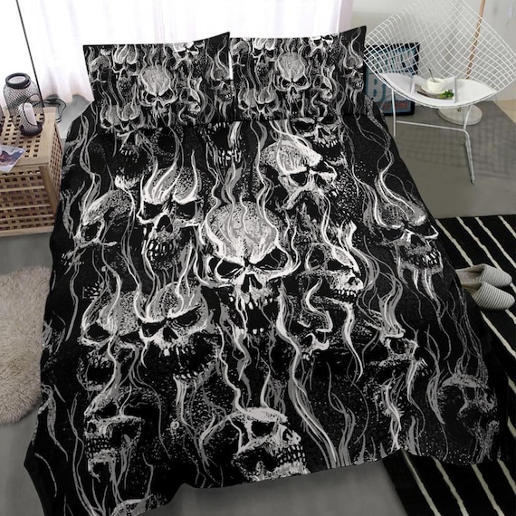Skull Room Decor-heavy Metal Room Decor-smoke Skull 3 Piece Bed Set Black  and White Version-death Metal Room Decor-heavy Metal Wall Decor 