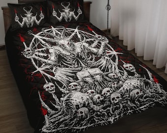 May include: Black and white quilted bedspread and pillow set featuring a detailed illustration of a goat-like figure within a pentagram, surrounded by skulls and red accents. The bedding set includes two pillowcases and a bedspread.