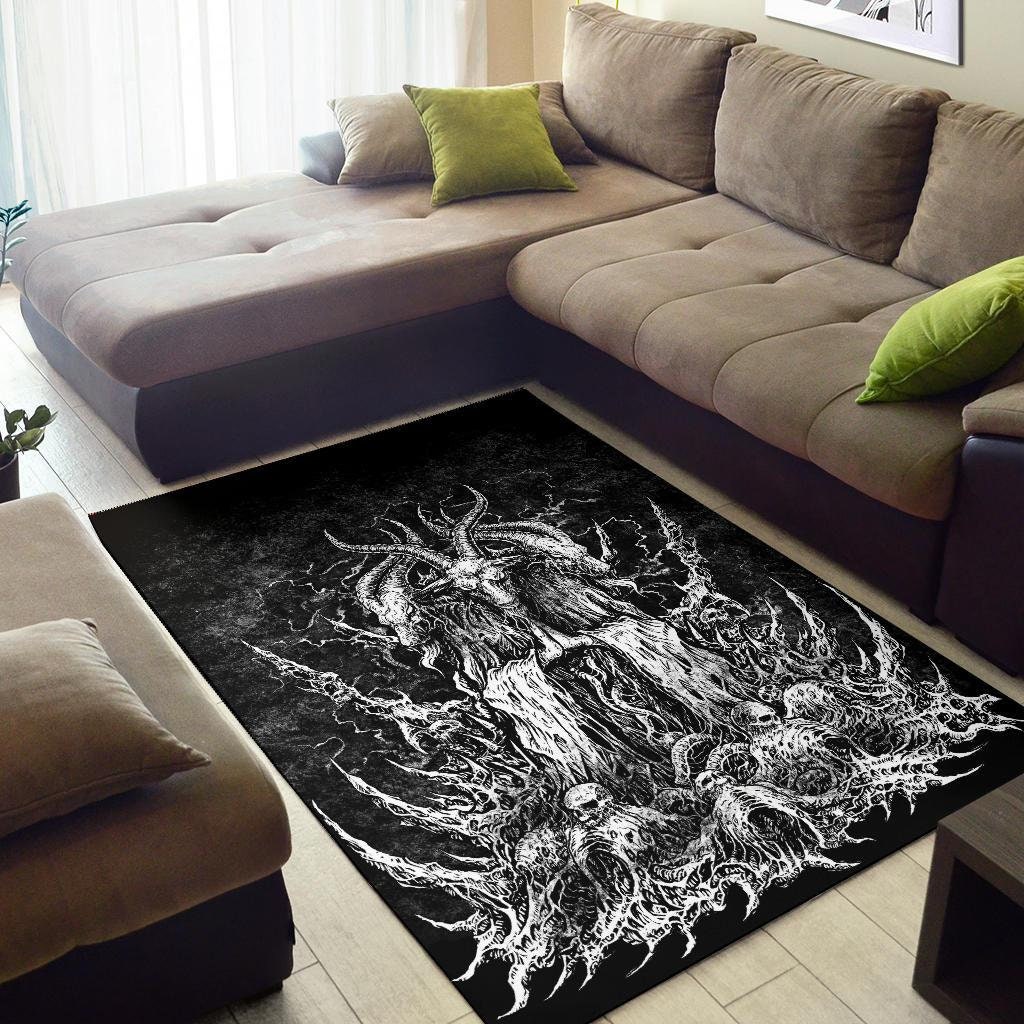 Satanic Area Rug Skull Satanic Goat Original Large Print Area Rug Black and White ...