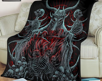 4 Eyed Crowned Goat Blanket Color Version-Skull Satanic Goat Satanic Pentagram Flame Original Silver Blanket-Baphomet Blanket-Satanic-