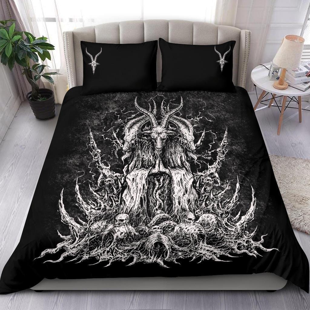 Discover Satanic Skull Goat 3 Piece Duvet Set Black And White Version With Pentagram Goat Pillow Cases-Satanic Goat Home Decor-Satanic Room Decor-