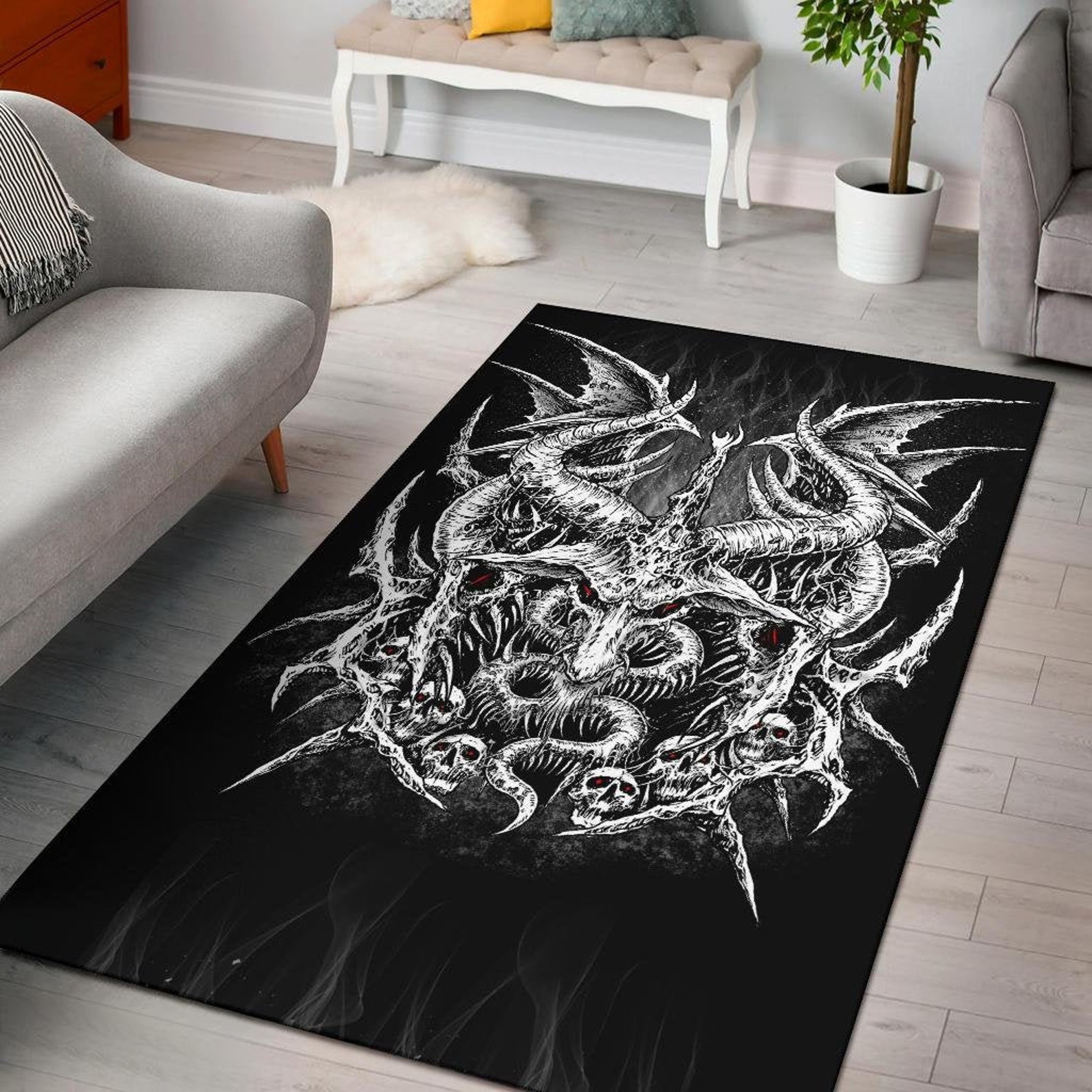 Satanic Area Rug Skull Satanic Goat Wing Area Rug Black and White Red Eye Version ...
