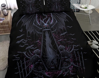 May include: Black and grey bedding set with a bat flying over a coffin. The coffin is surrounded by skeletons with glowing red eyes. The bedding set features a repeating pattern of bats flying in the night sky.