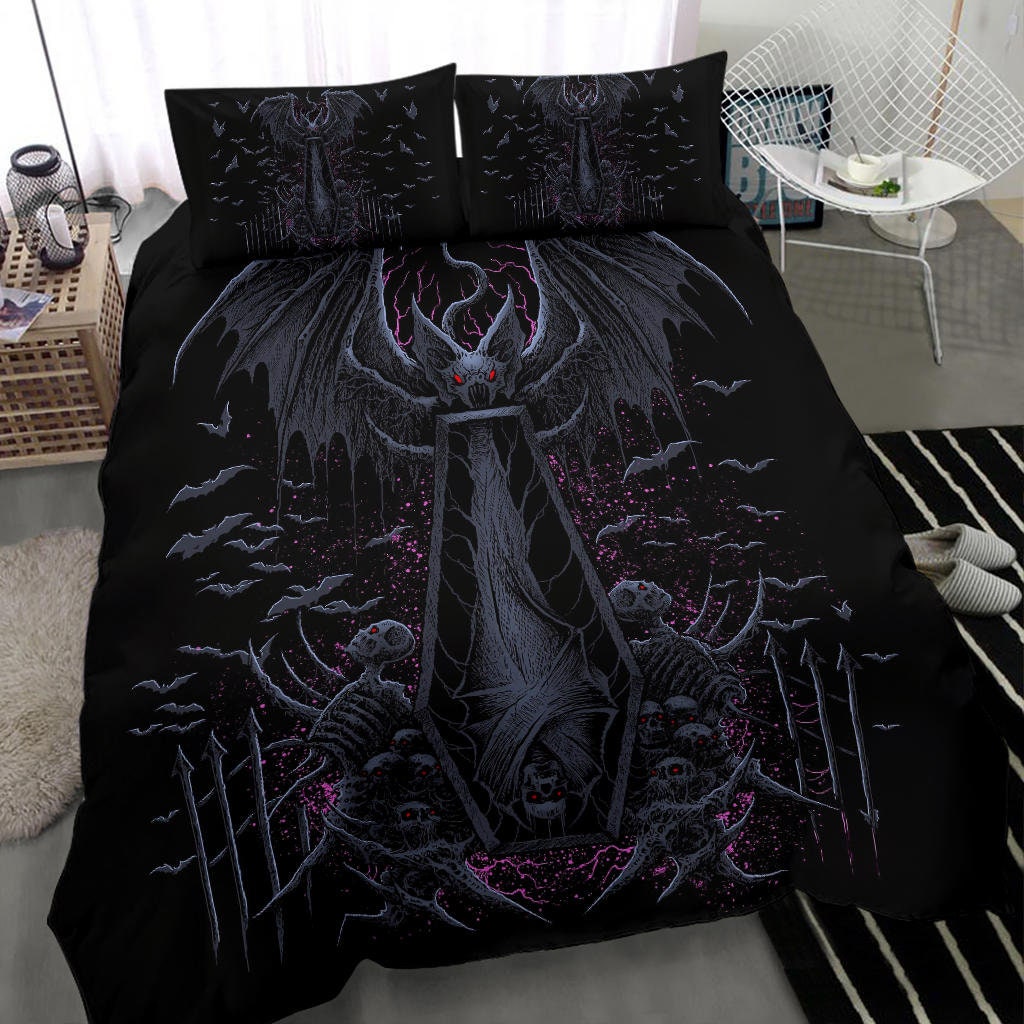 Skull Batwing Skeleton Coffin Shroud 3 Piece Duvet Set Awesome Night Blue Pink-Gothic Bat Skull Bedding-Skull Bat Duvet-Coffin Duvet-