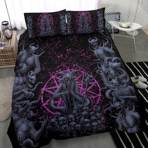 New! Original Skull Satanic Malevolent Cyclops Baphomet Goat Demon Invasion 3 Piece Duvet Set Awesome Blue Pink-Baphomet Bedding Baphomet-