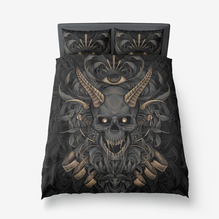 Discover Skull Demon Horn 3 Piece Microfiber Duvet Set-Skull Bed Cover-Skull Blanket-Skull Room Decor-Skull Home Decor-Demon Skull Bed Cover-