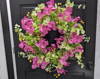 Mauve Orchid Grapevine Wreath: Spring Floral Front Door Decor