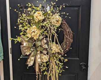 Fall grapevine wreath, farmhouse door decor, autumn, cream wreath, brown wreath, peonies, harvest wreath, everyday wreath, elegant