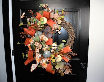 Fall grapevine wreath, pumpkin, autumn, orange brown wreath, fall bow wreath, pumpkins, harvest wreath, everyday wreath, front door fall