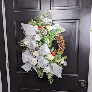 Winter Grapevine Wreath: Silver Frosted Pine, Holiday Front Door Decor