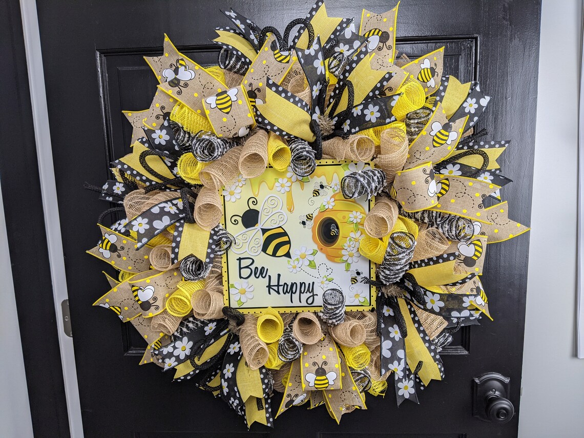 Bumblebee wreath black and yellow wreath front door wreath Etsy