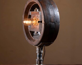 12" Flat Belt Pulley Lamp; wooden drive-line industrial pulley