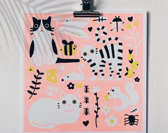 Risograph Print 25x25 - Cats in the Garden