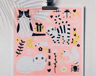 Risograph Print 25x25cm - Cats in the Garden