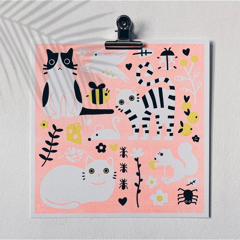 Risograph Print 25x25cm Cats in the Garden image 1