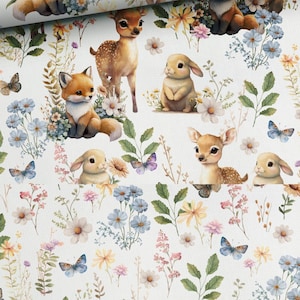 Tissu en coton 100% coton tissé animaux de la forêt renard lapin cerf et fleurs en tissu combinées en option à partir de 50 cm