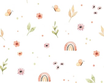 Summer cheerful rainbow flowers butterflies + choice of cotton, sweatshirt fabric, jersey, muslin