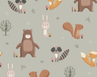 100% cotton cotton fabric woven fabric cute forest animals squirrel rabbit fox raccoon grey-green from 50 cm