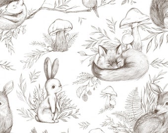 100% cotton woven fabric with painted woodland animals (fox, hare, deer) + choice of 2 colors, from 50 cm