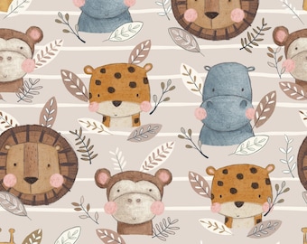 May include: A seamless pattern featuring various animals, including a lion, a hippopotamus, a monkey, a giraffe, and a leopard. The animals are illustrated in a cartoon style with soft colours and textures. The background is a light brown with white stripes.