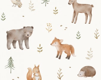 Choice of French terry or cotton jersey fabric, cute woodland animals (hedgehog, squirrel, fox, owl) on cream, from 50 cm