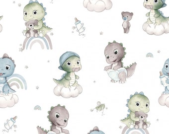 Può includere: Uno schema senza cuciture con simpatici dinosauri neonati di cartoni animati in vari colori e pose. I dinosauri tengono ciucci, orsacchiotti e biberon. Lo sfondo è bianco con stelle e arcobaleni.