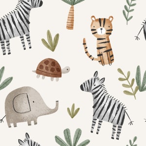 Könnte beinhalten: Ein nahtloses Muster mit verschiedenen Tieren, darunter ein Zebra, ein Tiger, eine Schildkröte, ein Elefant und eine Palme. Die Tiere sind im Aquarell-Stil mit gedeckten Farben illustriert.
