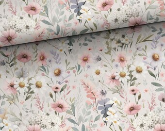 Choice of French terry or cotton jersey (sweatshirt fabric) with floral meadow design in watercolor and pastel colors, starting at 50 cm.