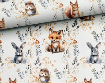 Choice of French terry or cotton jersey sweatshirt fabric, cute woodland animals, squirrels, hedgehogs, from 50 cm