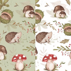 May include: A repeating watercolour pattern with illustrations of mushrooms, hedgehogs, and chestnuts. The design features red-capped mushrooms, brown hedgehogs, and green chestnut husks, set against a light green and white background with leaves and berries.