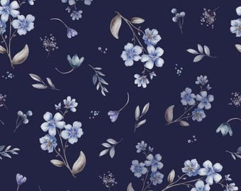 Spring Floral Boho Vintage Flower Fabric Delicate Blossoms Flower Meadow Dark Blue-Dark Purple + optional cotton, sweatshirt fleece, jersey from 50 cm
