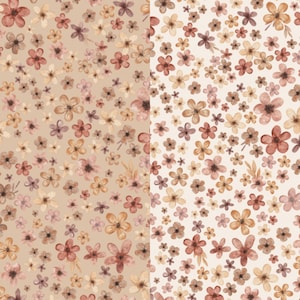 Op de afbeelding: Een naadloos patroon met kleine aquarelbloemen in tinten bruin, roze en beige. Het patroon wordt herhaald op een lichtbruine achtergrond aan de linkerkant en een witte achtergrond aan de rechterkant.