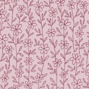 May include: A seamless pattern featuring a repeating design of small white flowers with brown stems and leaves on a light pink background.