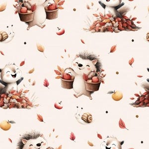 May include: A whimsical pattern featuring smiling hedgehogs and squirrels carrying baskets of apples. The design includes falling leaves, apples, and snails on a cream-colored background, evoking an autumn theme.