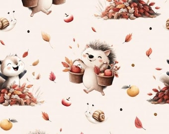 Woodland animals, animal motif, children's fabric, autumn, leaves, apples, squirrel, hedgehog, snail, cream + choice of cotton, sweatshirt fleece, jersey, from 50 cm