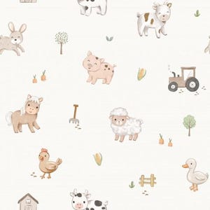 Tissu 100% coton tissé animaux de la ferme chevaux tracteur crème écru à partir de 50 cm
