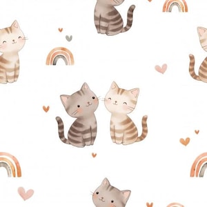 Cute Cat Rainbow Hearts White + choice of cotton, sweatshirt fabric, jersey, muslin from 50 cm