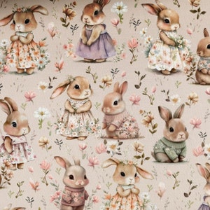 May include: A seamless pattern featuring a repeating design of cute bunnies wearing floral dresses and sweaters. The bunnies are surrounded by delicate flowers and greenery on a light beige background.