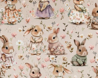 Puede incluir: Un patrón sin costuras que presenta un diseño repetitivo de conejos lindos con vestidos florales y suéteres. Los conejos están rodeados de flores delicadas y vegetación sobre un fondo beige claro.