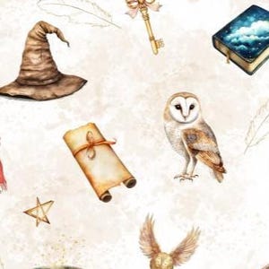 May include: Watercolor illustration of a seamless pattern featuring magical elements. Includes a brown witch's hat, a golden key, a scroll, a book with a starry night cover, a barn owl, a cauldron, a star, a broom, and a golden snitch.