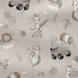 Safari exotic animals elephant lion giraffe car rainbow beige + optionally cotton, sweat, jersey, muslin
