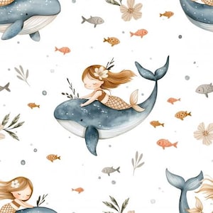 May include: A seamless pattern featuring a mermaid riding a whale, surrounded by small fish and flowers. The mermaid has long brown hair and a tail with a brown and gold pattern. The whale is blue and white with a white belly. The background is white.