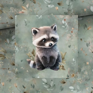 May include: A cute cartoon raccoon with black eyes and a black nose, sitting on a green background with a floral pattern. The raccoon is surrounded by leaves and flowers.