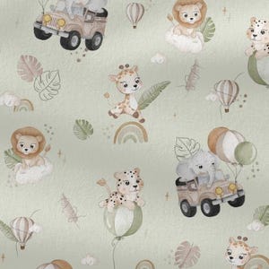 Safari exotic animals elephant lion giraffe car rainbow green + optionally cotton, sweat, jersey, muslin