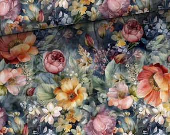 Choice of French terry or cotton jersey fabric, floral flowers, blossoms, summer flowers, roses, poppies, from 50 cm